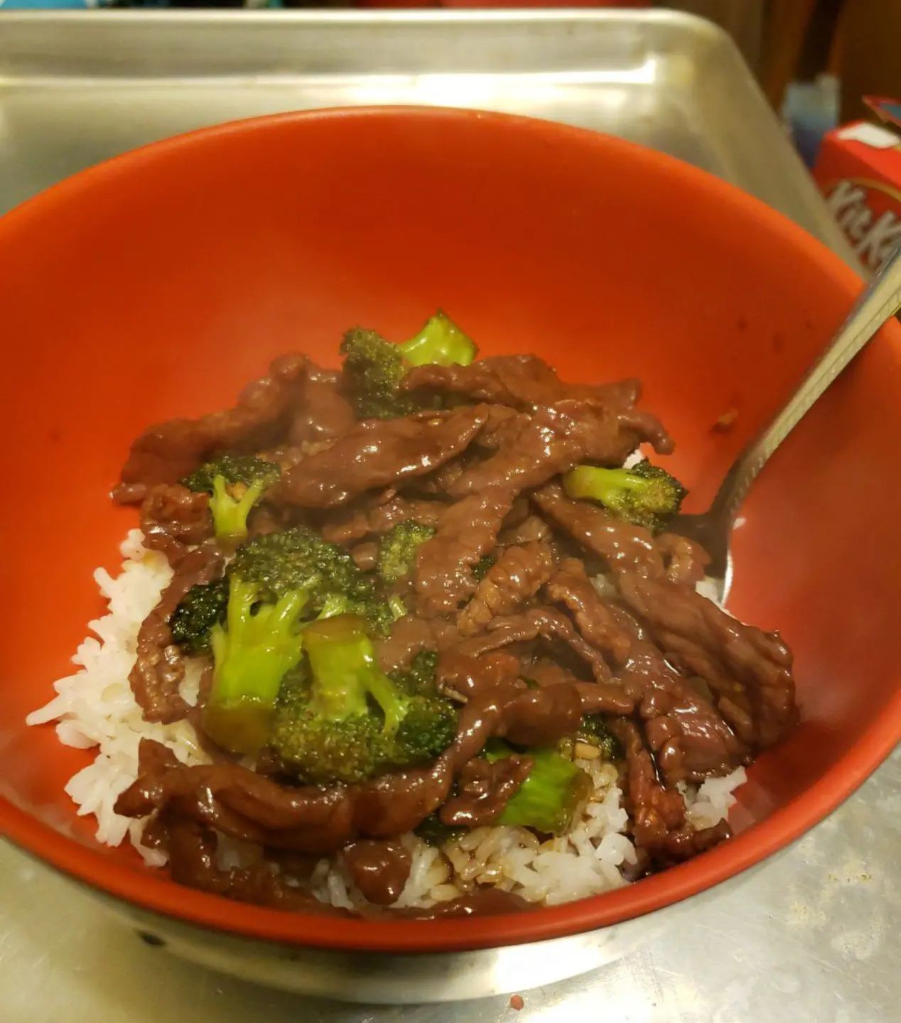 Homemade Beef and Broccoli for dinner.Yes, that is a box of Kit Kat cereal in the background.#foodofthemoment #fatmancooking #fatmanlife